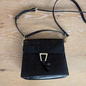 ANTONIO MELANI Black Croc-Embossed Top-Handle Satchel with Gold Hardware